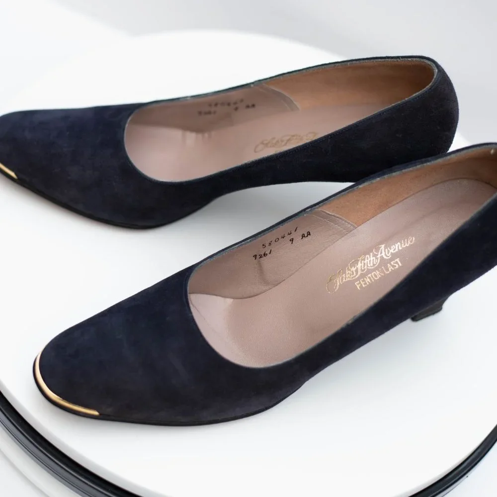 Vtg Saks Fifth Avenue Fenton Last Sued Leather Shoes Sz 9 Narrow Dark Blue Heels
